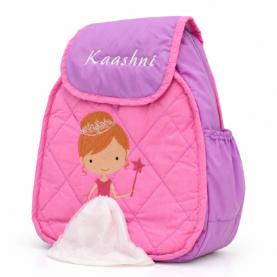 Pink and purple kids' backpack with a princess illustration on the front and 'Kaashni' embroidered on the flap