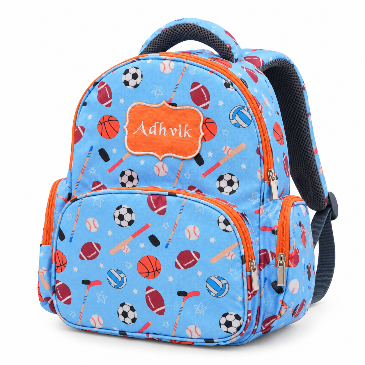 Blue kids' backpack with orange zippers and a sports equipment pattern (balls, bats, nets) and an orange Adhvik patch on the front.