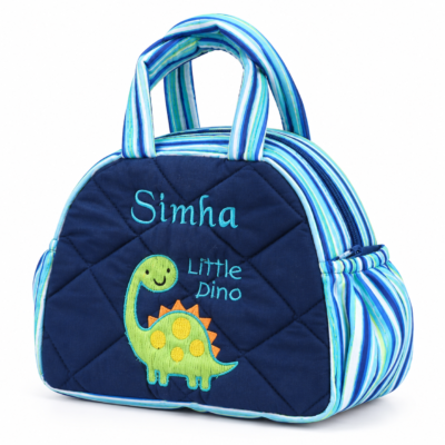 Quilted navy lunch bag with striped blue handles featuring embroidered text 'Simha Little Dino' and a green dinosaur applique.