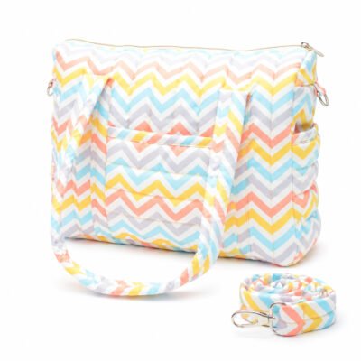 Colorful chevron-pattern tote bag with a zipper top and matching shoulder strap on white background.