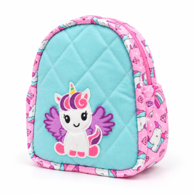 Turquoise quilted backpack with pink trim and a colorful unicorn patch on the front.