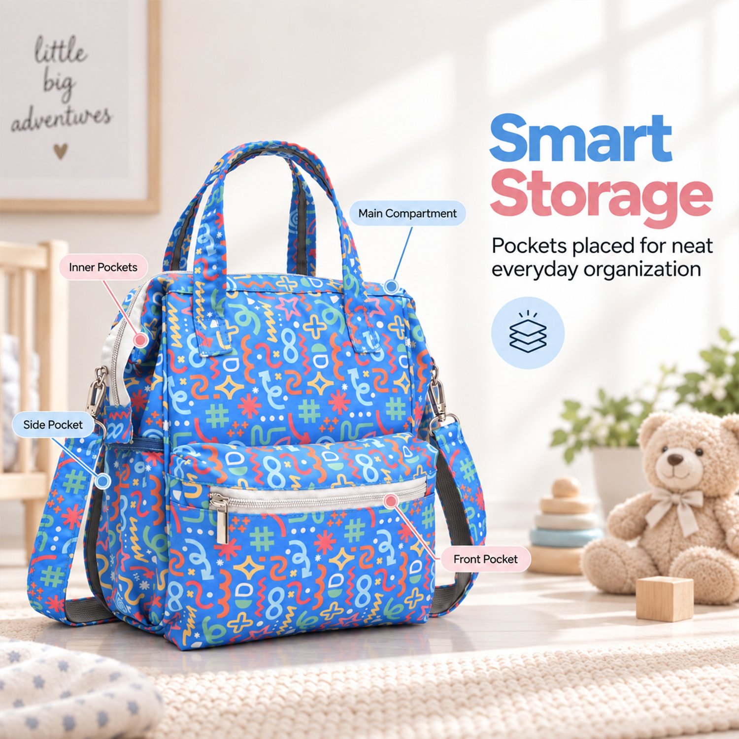 Blue patterned kids' backpack with labeled pockets: main compartment, inner pockets, side pocket, and front pocket (informational image).