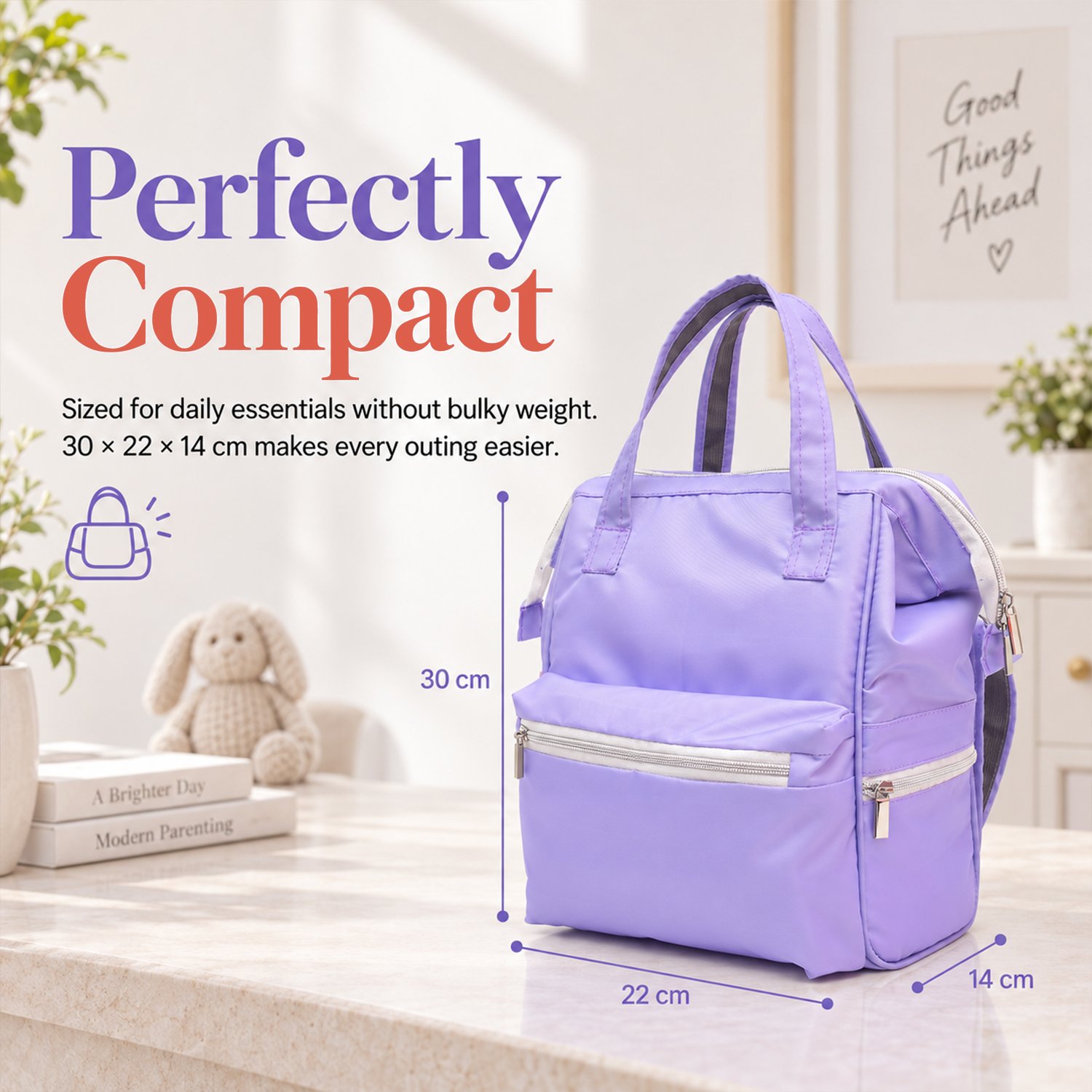 Purple compact backpack displayed on a counter with measurement lines (30 cm x 22 cm x 14 cm) and the headline 'Perfectly Compact'.