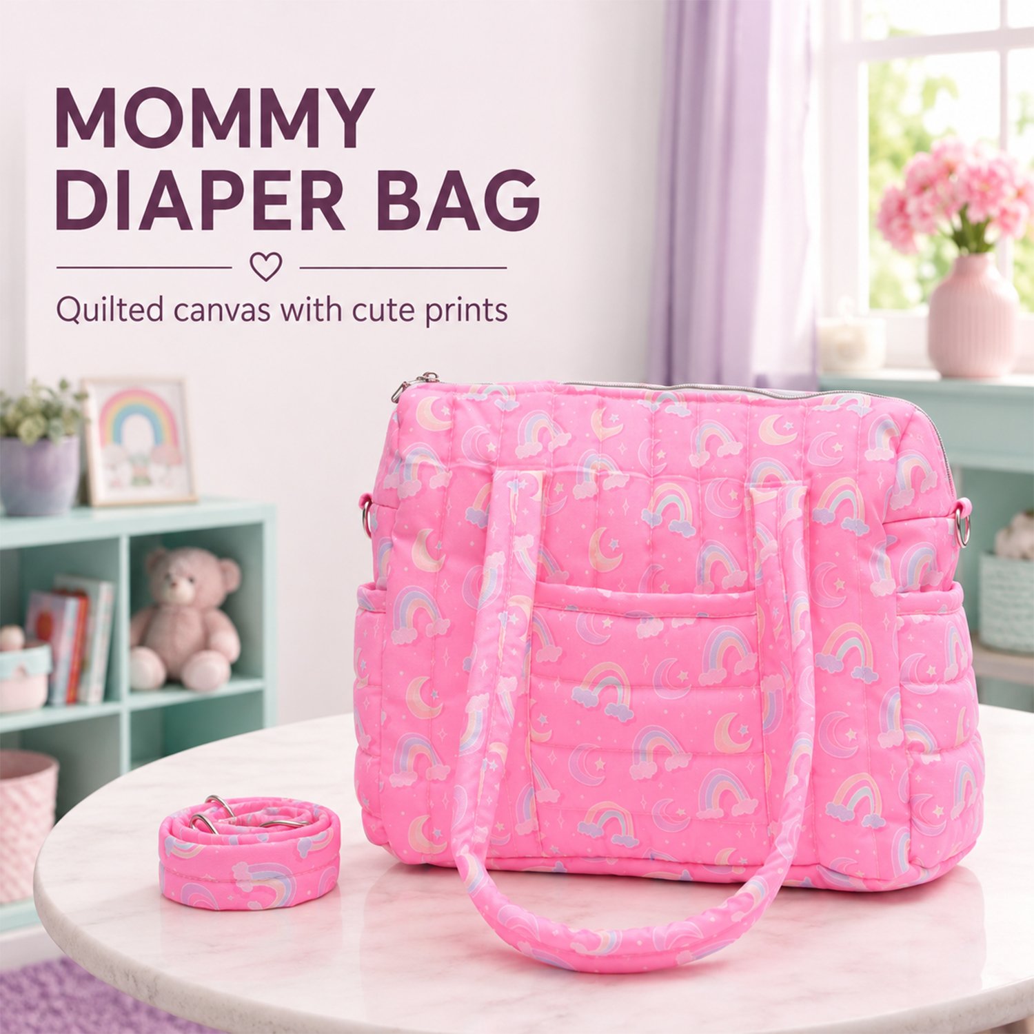 Pink diaper bag with rainbow and cloud print on a round marble table in a pastel nursery setting with shelving in the background.