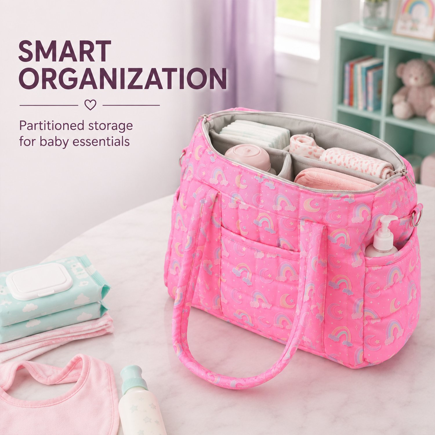 Open pink diaper bag with rainbow pattern, showing partitioned compartments filled with baby essentials on a pastel changing surface.