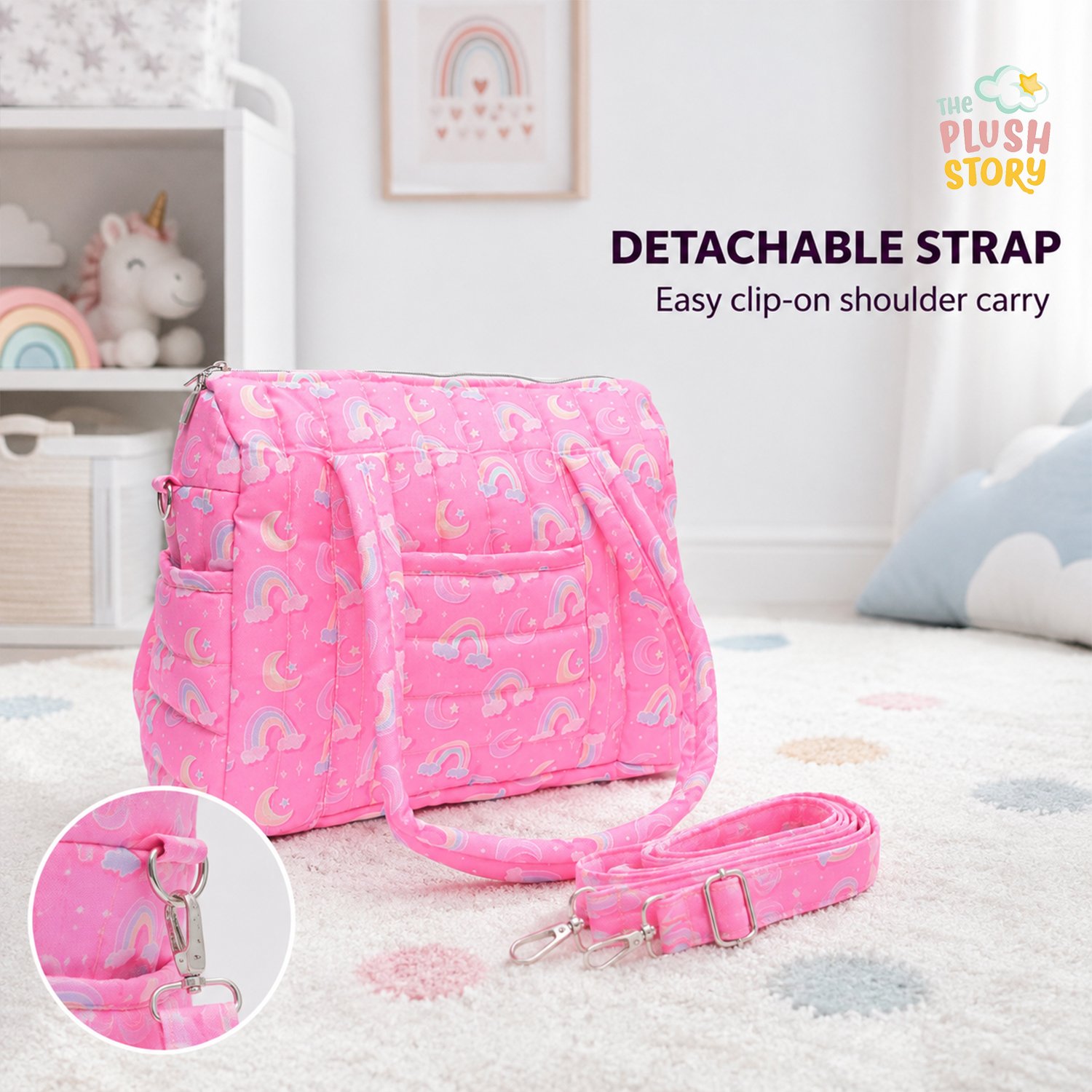 Pink quilted bag with unicorn and rainbow print and a detachable shoulder strap attached by metal clips for easy carry.