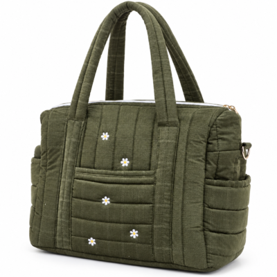 Olive green quilted handbag with two handles and small white flowers embroidered on the front pockets.