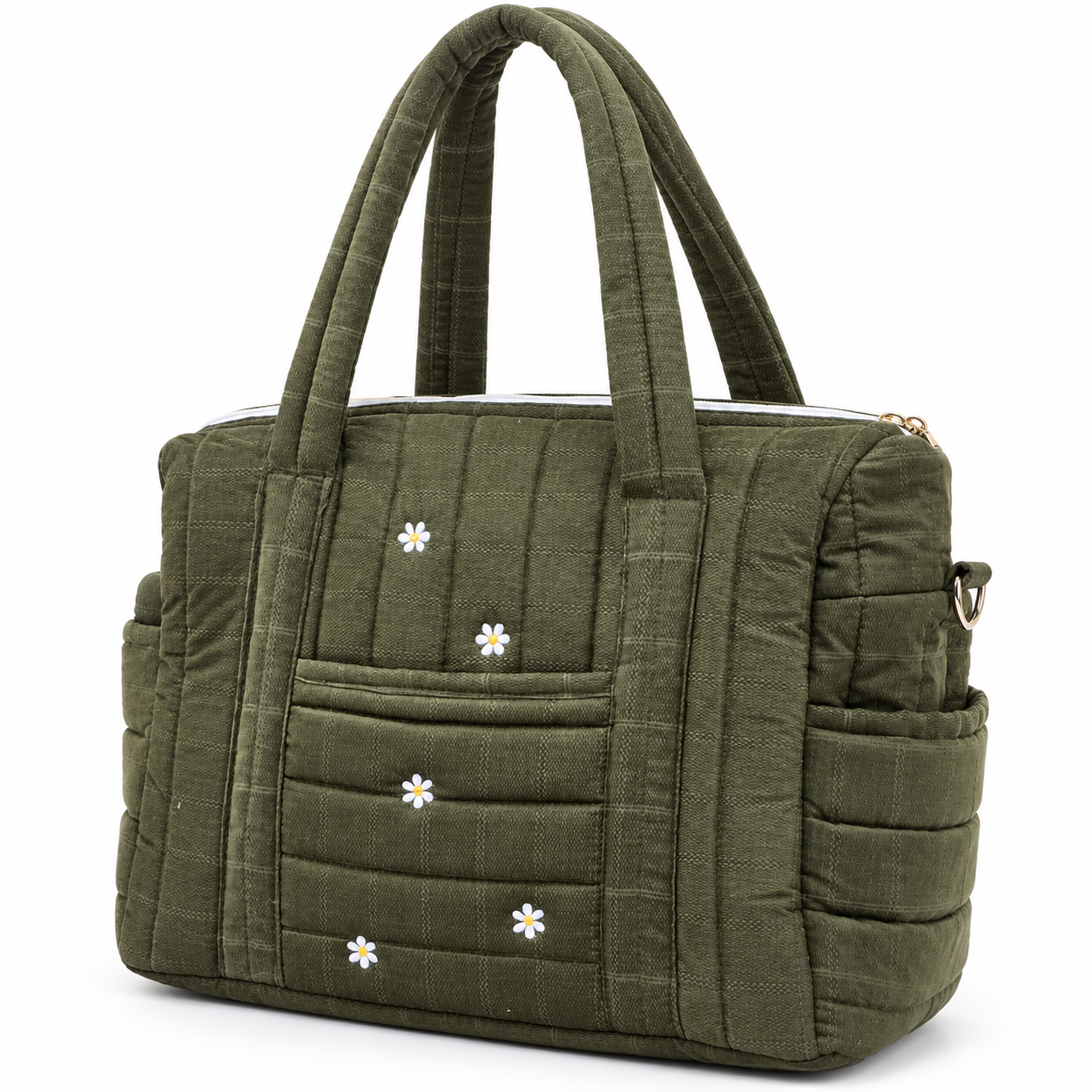 Olive green quilted handbag with two handles and small white flowers embroidered on the front pockets.