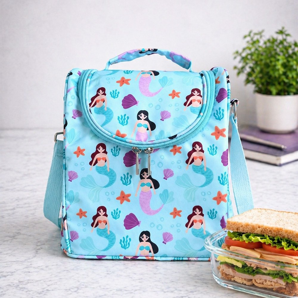 Light blue kids' lunch bag with cartoon mermaids, seashells and starfish, zippered front pocket, and a top handle.