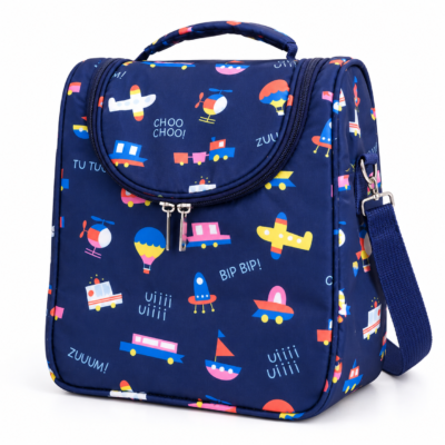 Navy blue children's backpack with a colorful transport-themed print (planes, trains, ships) and top handle.