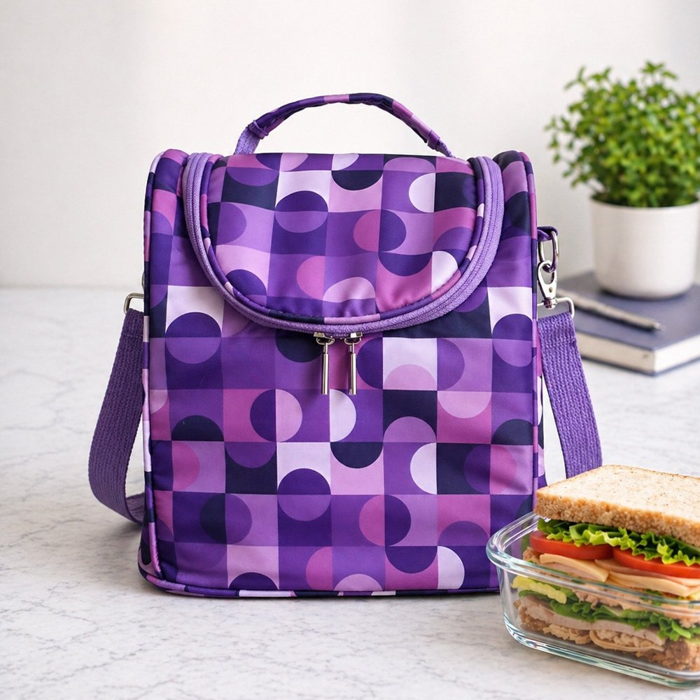 Purple geometric-patterned lunch bag with a curved zipper flap, handle, and shoulder strap on a kitchen counter.