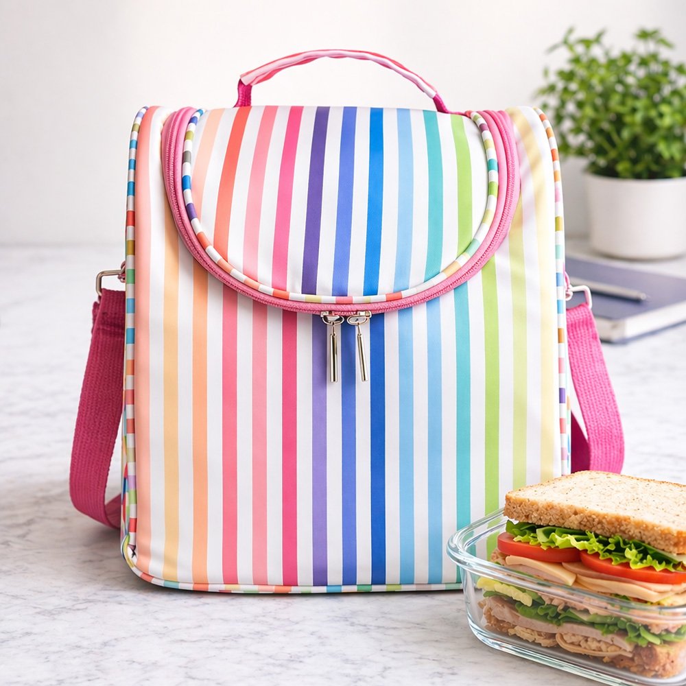 Rainbow striped backpack with pink zipper and strap on a light counter, next to a sandwich in a glass lunch container.