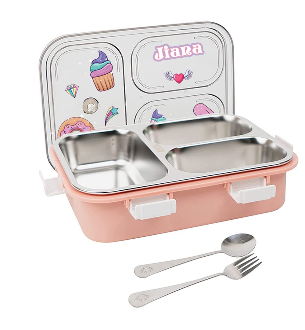 Two-compartment pink children's lunch box with a stainless steel insert and a matching lid, plus a spoon and fork set