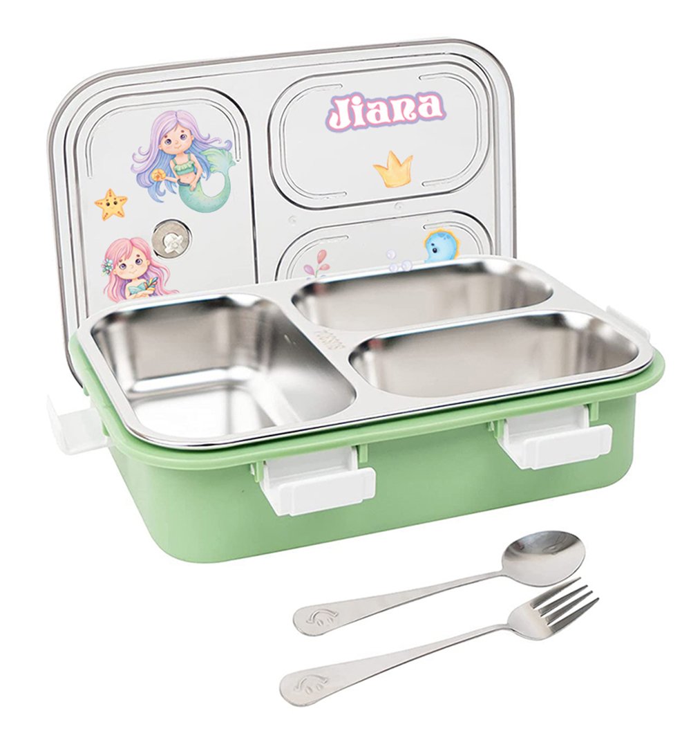 Kids lunch box with two stainless steel compartments, green base, and a decorative lid featuring mermaids and the name 'Jiama' (includes a spoon and fork).