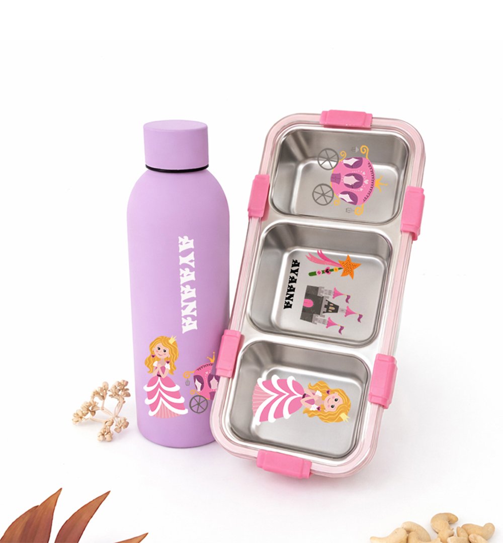 Purple kids' water bottle with a princess design beside a pink three-compartment lunchbox with princess graphics and pink clasps.
