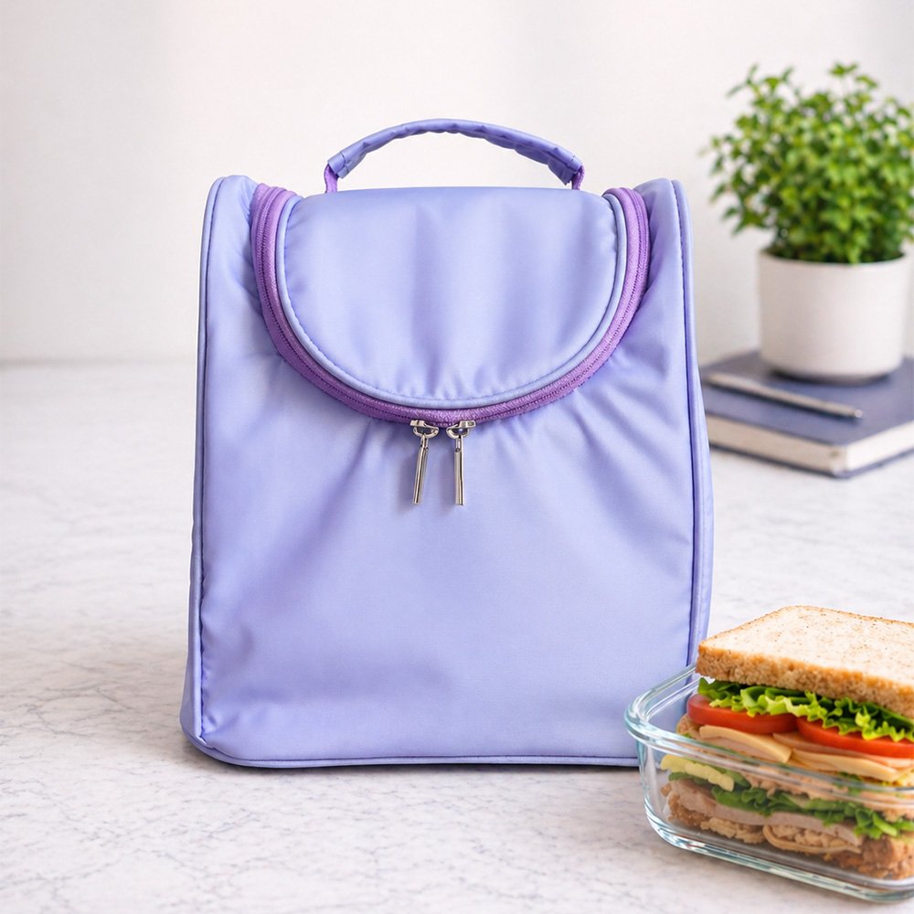 Lavender backpack with purple zippers on a marble counter, beside a glass lunch container holding a sandwich and a small plant in the background.