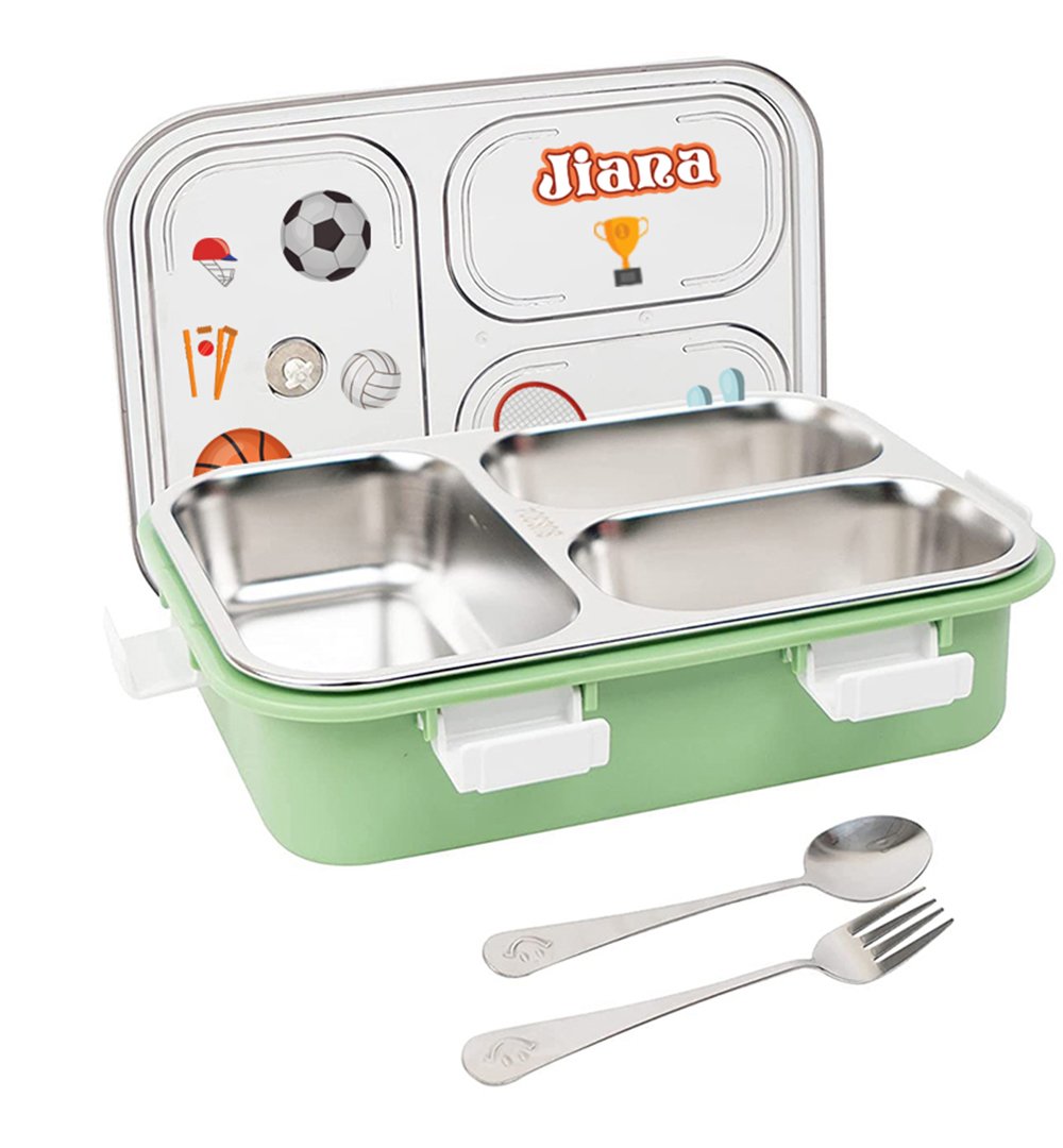 Green three-compartment lunchbox with stainless steel inserts; lid features sports icons and the name 'Jianna'; includes two spoons and a fork.