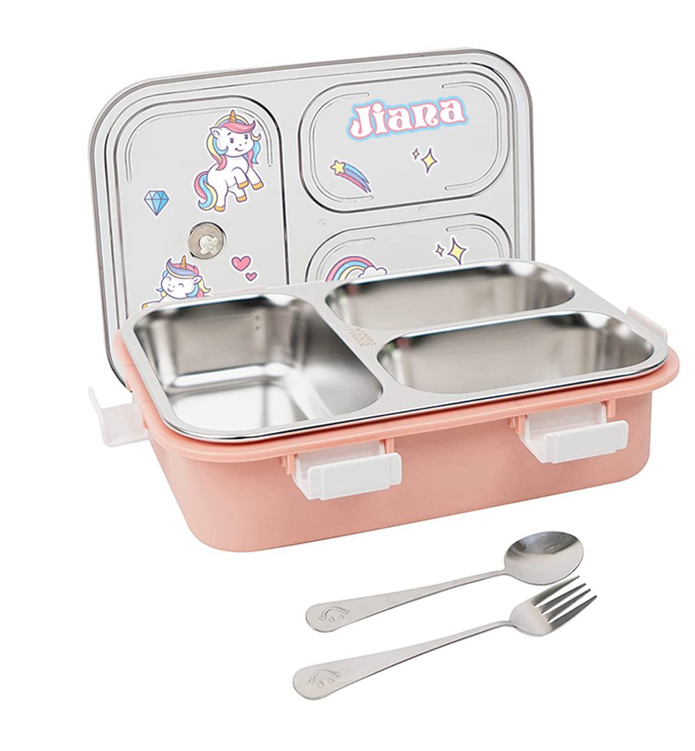 Kids' lunchbox with two stainless steel compartments, pink base, unicorn decals, and a matching spoon and fork set.