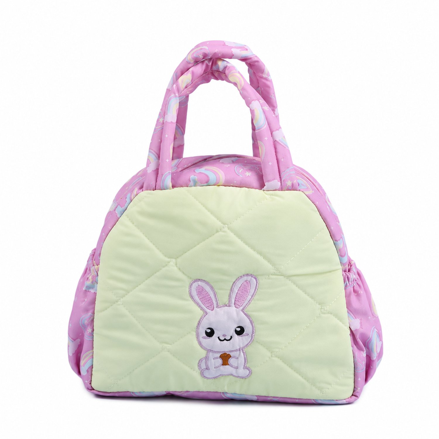 Pastel kids' backpack with a lime-green quilted front panel and a bunny embroidery, pink rainbow-patterned sides and handles.