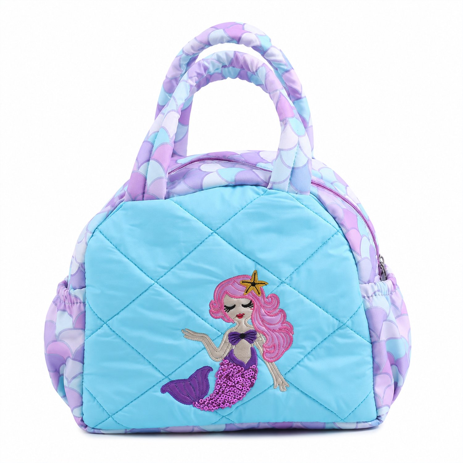 Light blue quilted backpack with a mermaid embroidery on the front and purple-scalloped padded handles/panels.