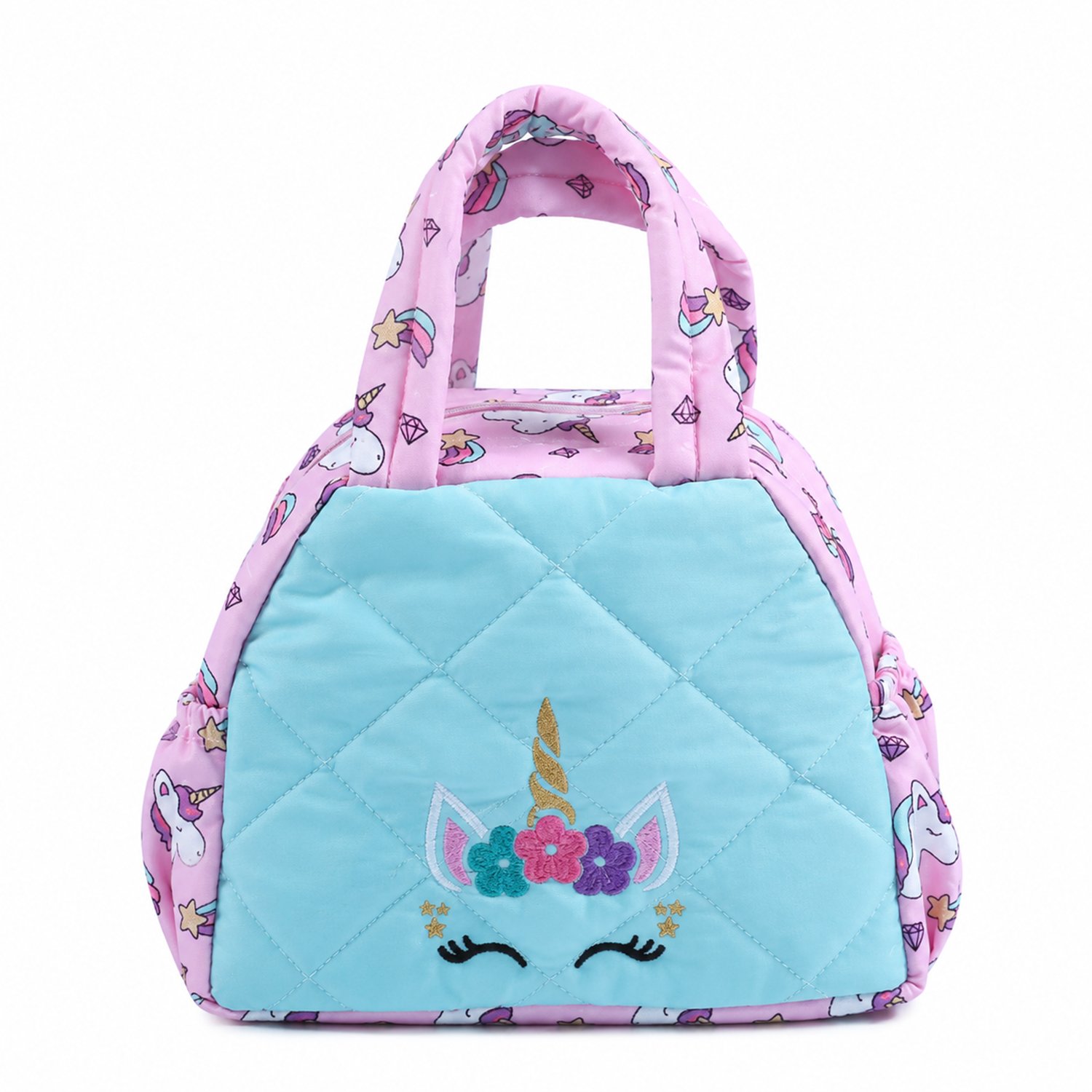 Pastel unicorn backpack with a blue quilted front, unicorn face and floral crown, pink patterned straps and sides.