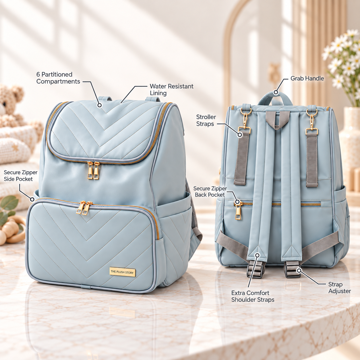 Light-blue backpack with a front pocket and multiple labeled features: water-resistant lining, six compartments, secure zippers, stroller straps, grab handle.