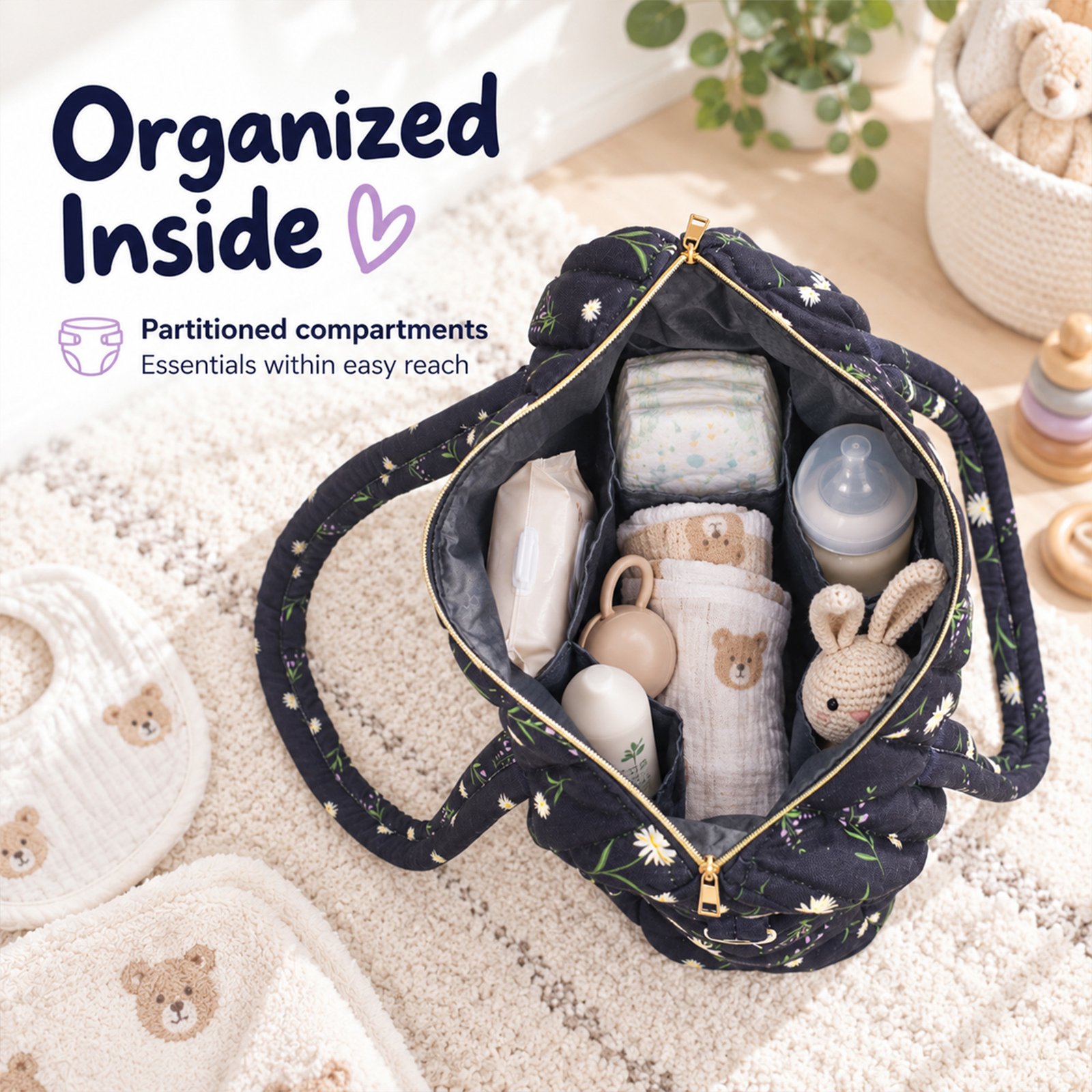 Open navy floral diaper bag filled with baby items (bottles, clothing, plush bear) on a beige rug; branding text nearby reads 'Organized Inside'.