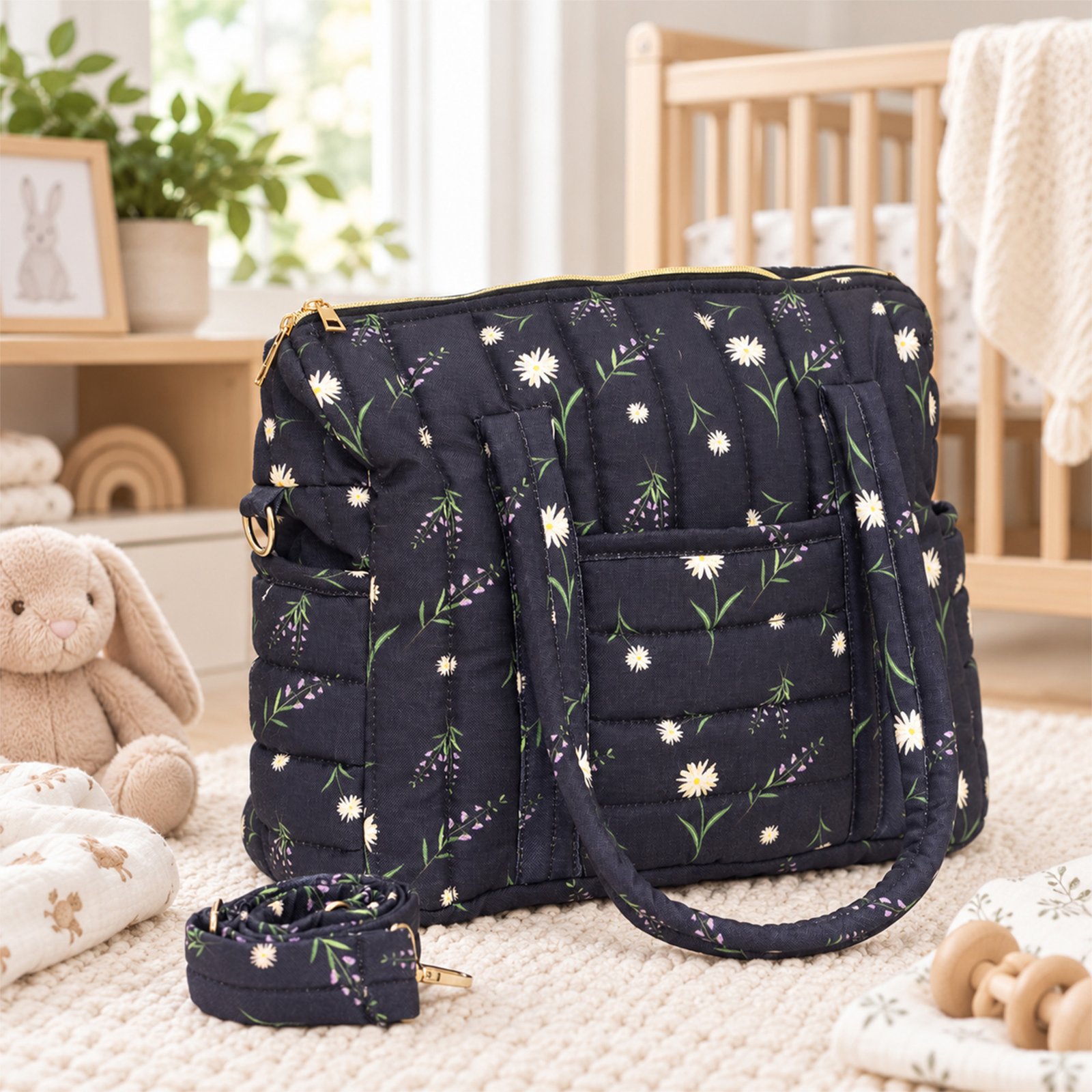 Quilted navy diaper bag with white daisies sits on a cream knitted rug in a bright nursery, with a plush bunny and soft toys nearby.