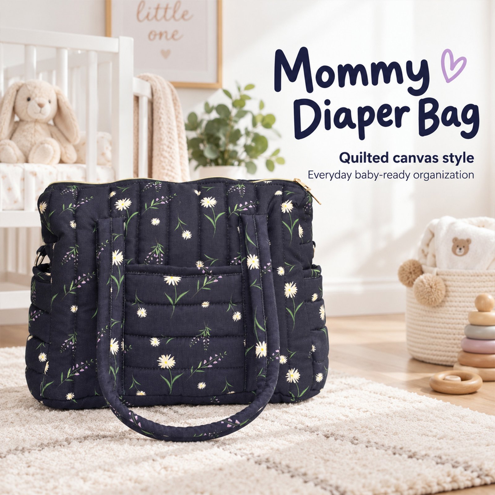 Navy quilted diaper bag with white daisies sits on a light beige rug in a baby nursery.