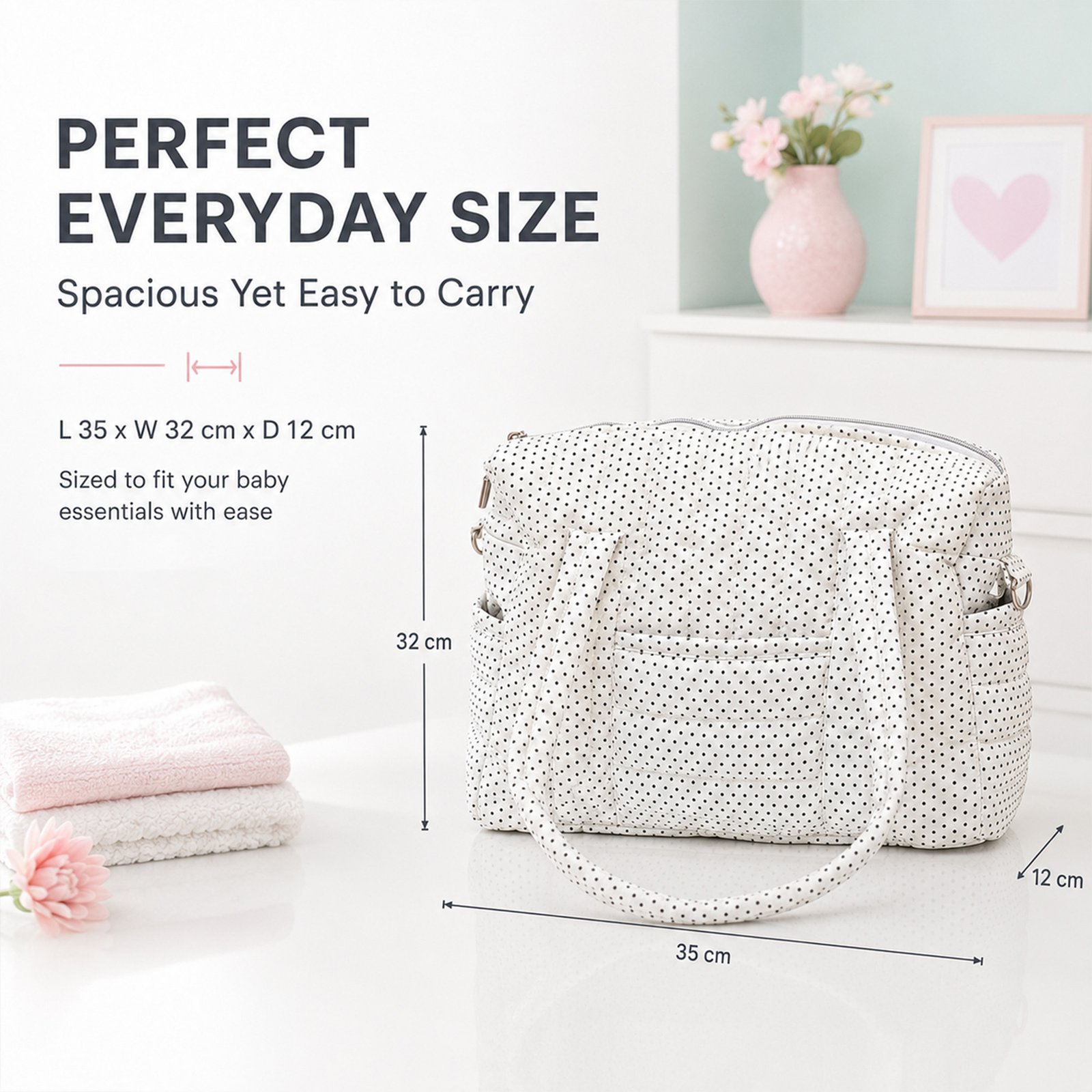 Advertisement featuring a white surface with a black-polka-dotted diaper bag and size measurements in the foreground. The heading reads “PERFECT EVERYDAY SIZE.”