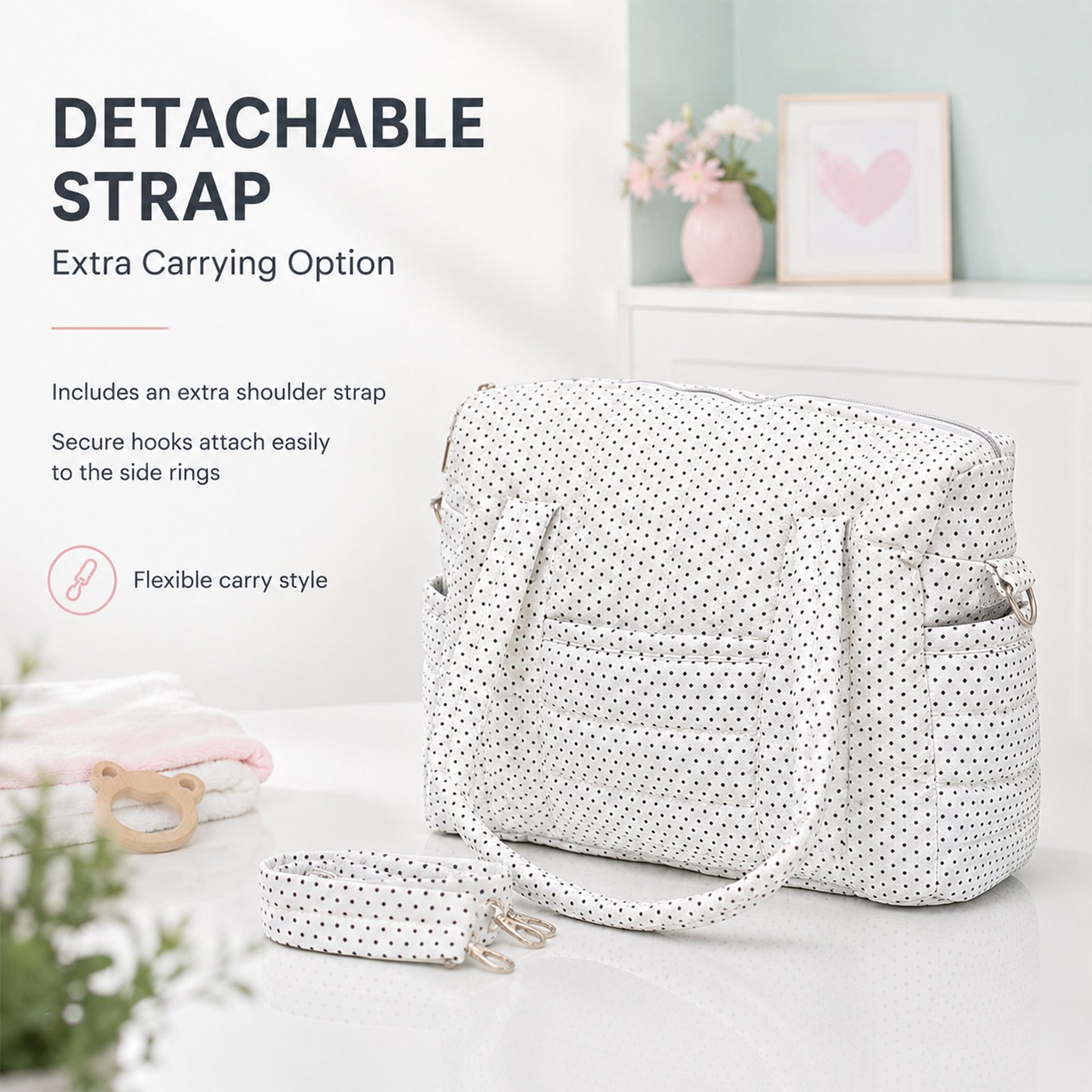 Polka-dotted fabric duffel with detachable straps displayed on a white surface in a bright room.