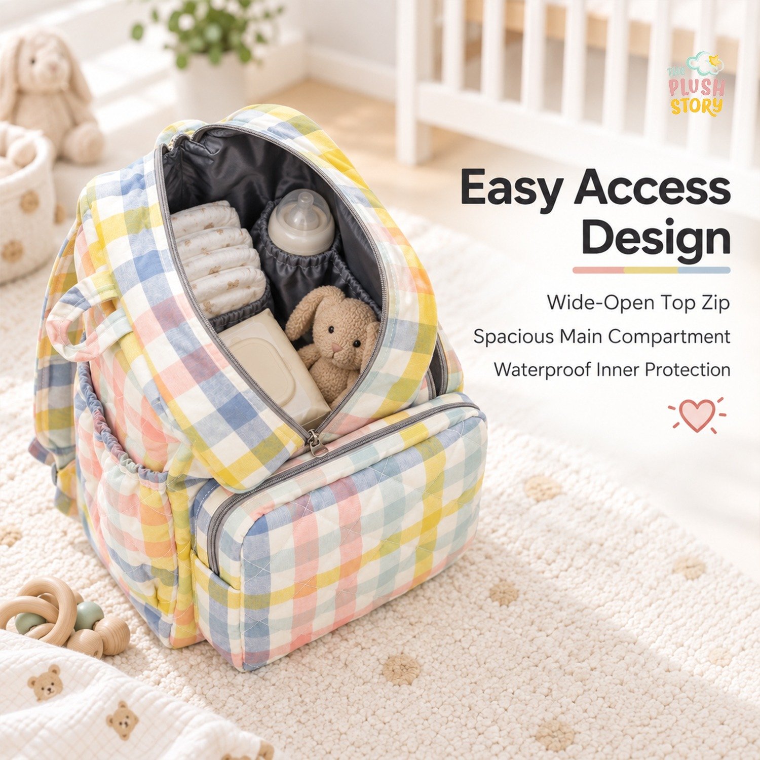 Open backpack filled with baby essentials (bottles, cloths, stuffed bunny) showing easy-access design for parent use in a nursery setting.