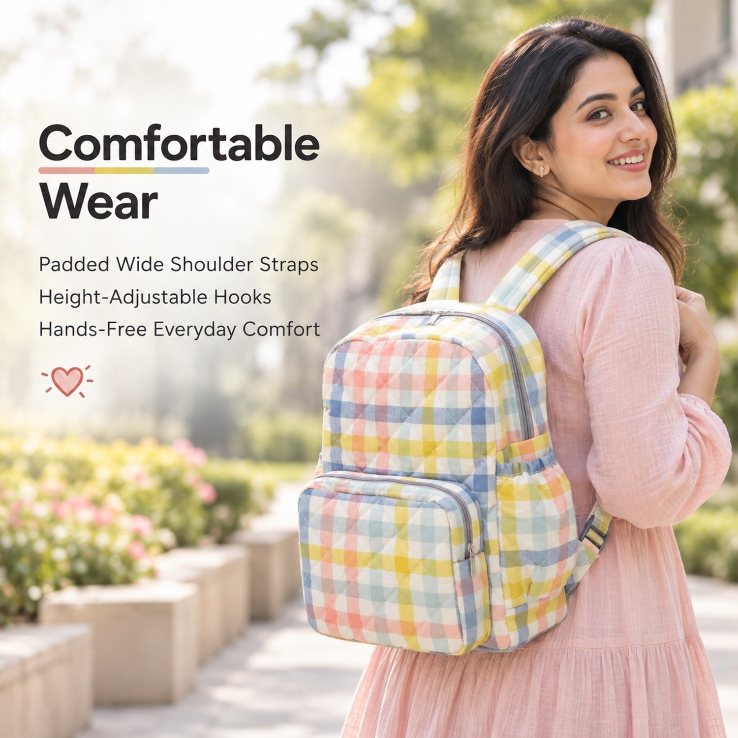 Promotional image: smiling woman with pastel plaid backpack outdoors; ad copy says 'Comfortable Wear' with benefits listed (padded straps, adjustable hooks, hands-free comfort).