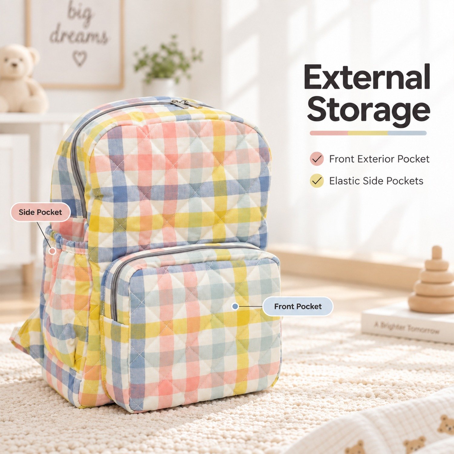 Pastel-checkered backpack on a rug, with labels highlighting the side pocket and front exterior pocket features.