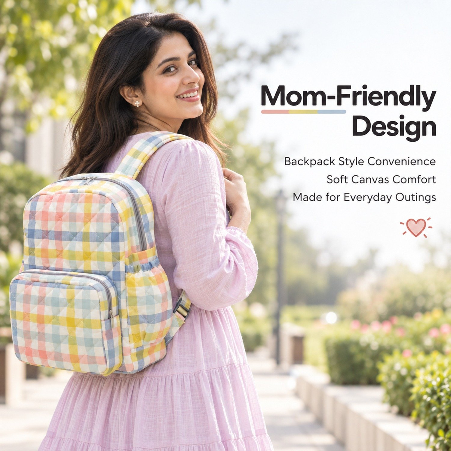 Smiling woman wearing a pastel plaid backpack outdoors, promoting a mom-friendly design for everyday outings.