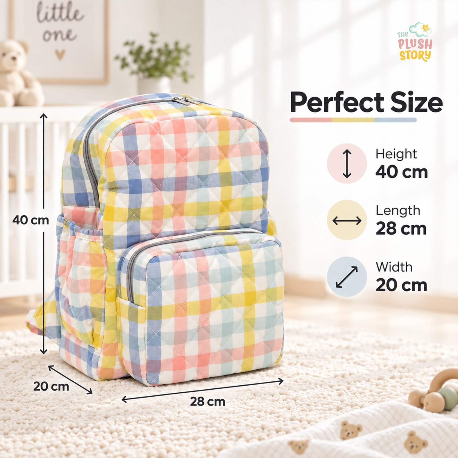 Colorful quilted kids' backpack on a rug, with height 40 cm, length 28 cm, and width 20 cm labeled as Perfect Size.