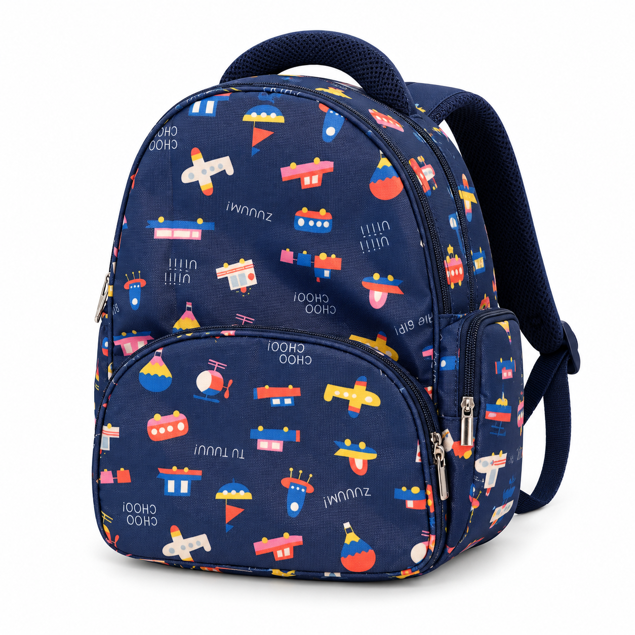 Blue kids' backpack with a colorful space/aircraft pattern, featuring multiple zippers and padded straps for comfort.
