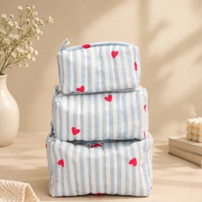 Heart Stripe Cotton Pouch Set -3pcs