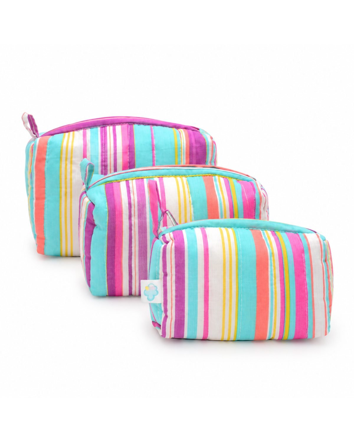 Three colorful striped fabric bags or cushions stacked together with teal, pink, yellow, and white stripes; small tag visible.