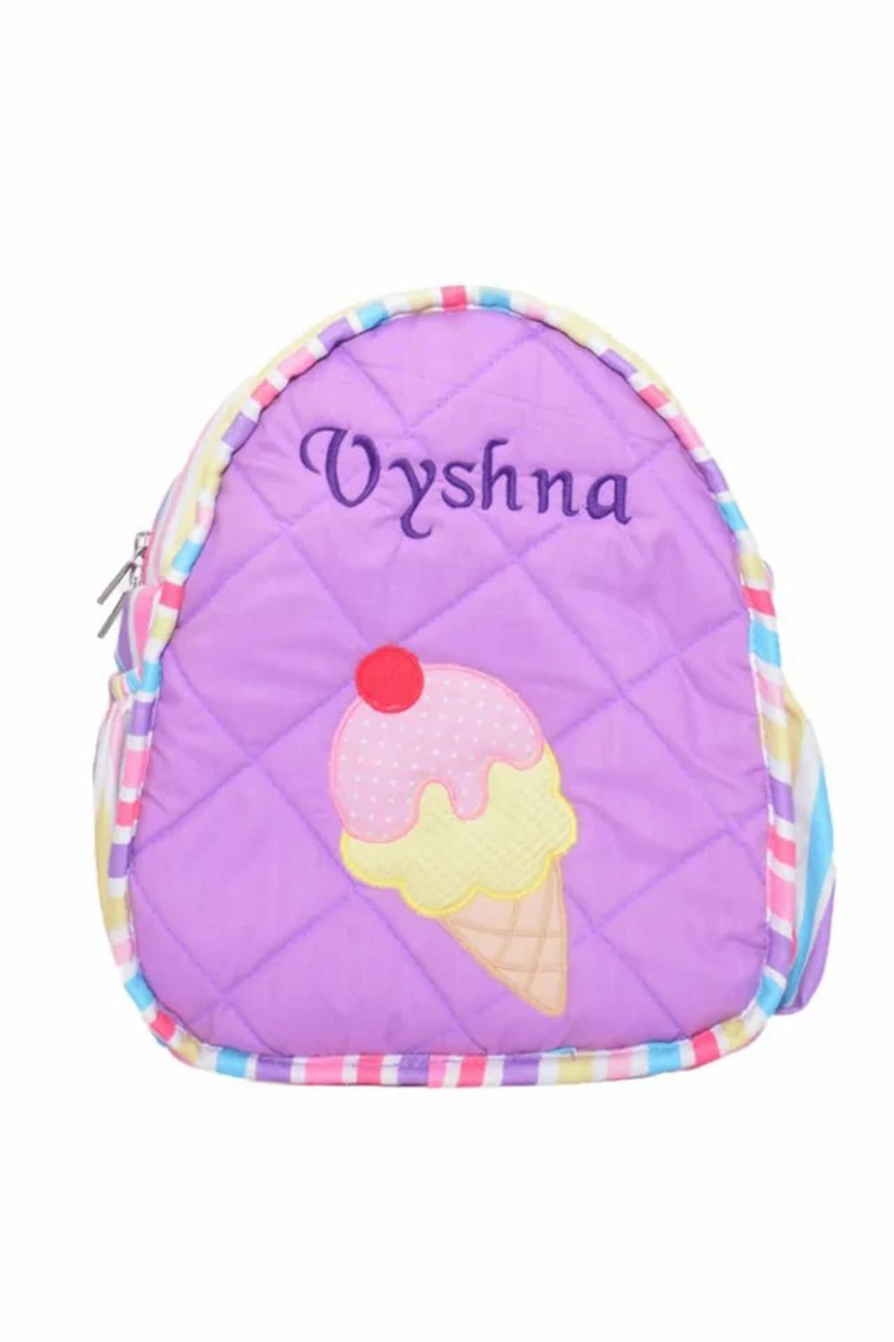 Purple quilted backpack with pastel striped trim and an ice cream cone graphic; name Vyshna printed on it.
